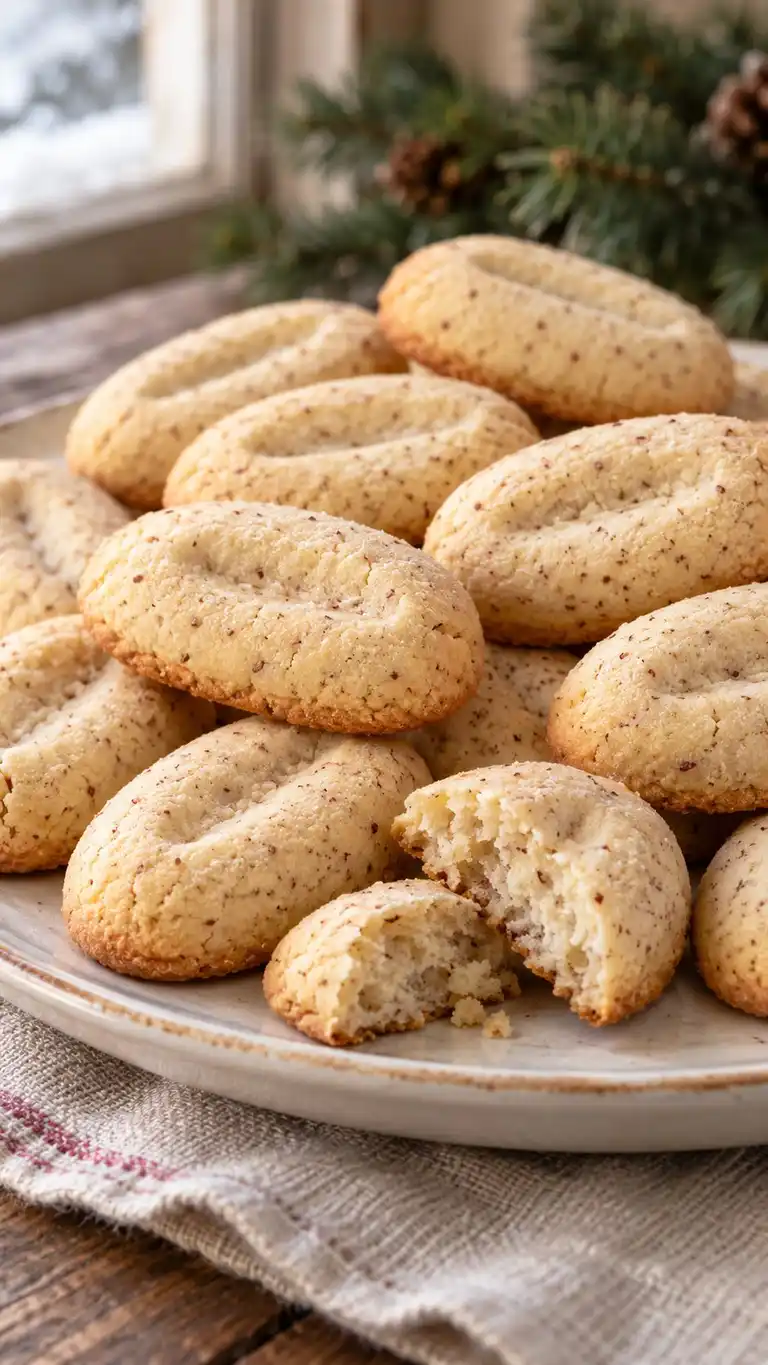 Small almond-and-wheat cookies shaped like flattened beans with a central dent, associated with All Saints and All Souls traditions.