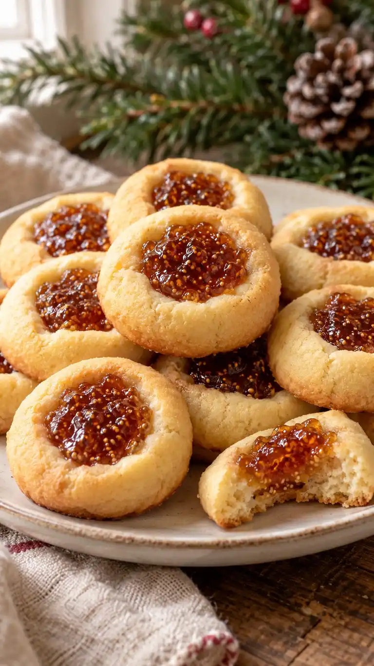 Rustic vanilla butter rounds with broad shallow wells of seed-speckled fig jam spooned into cooled shells.