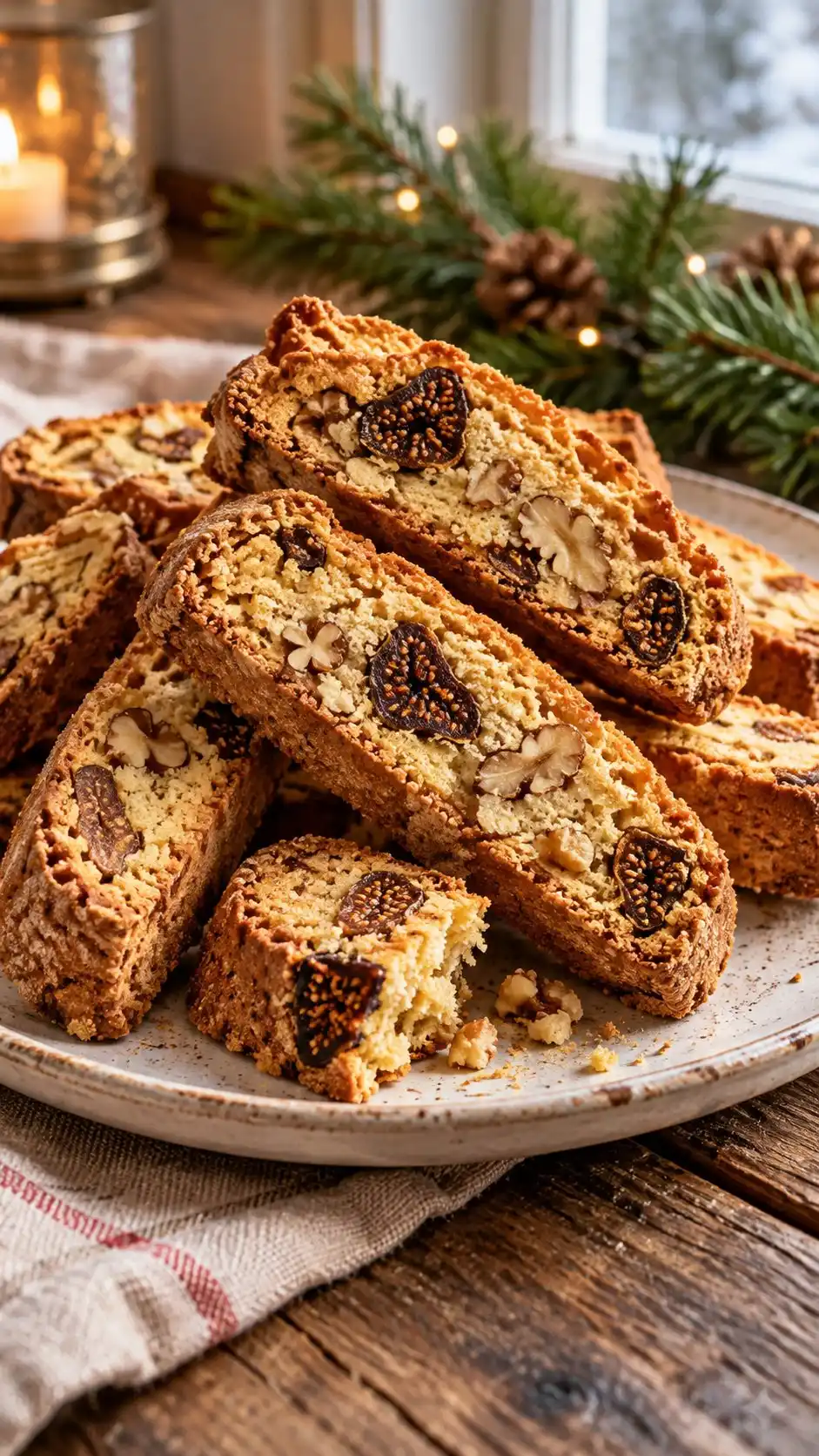 Crisp walnut biscotti with chewy dried fig pieces and a little cinnamon.