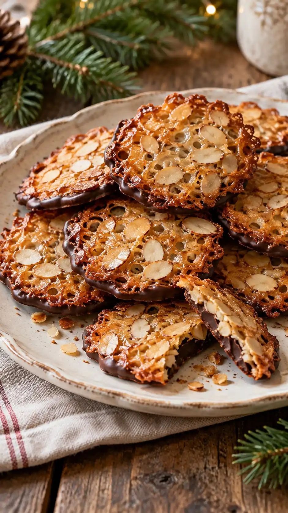 Thin caramelized almond wafers with lacy edges and a dark-chocolate underside, a home Florentine-style variation.