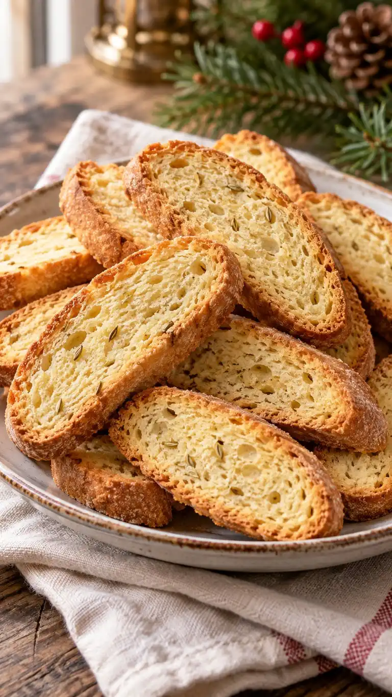 Yeast-raised Genovese-style sweet bread slices with fennel seeds, rested overnight and toasted until dry and golden.
