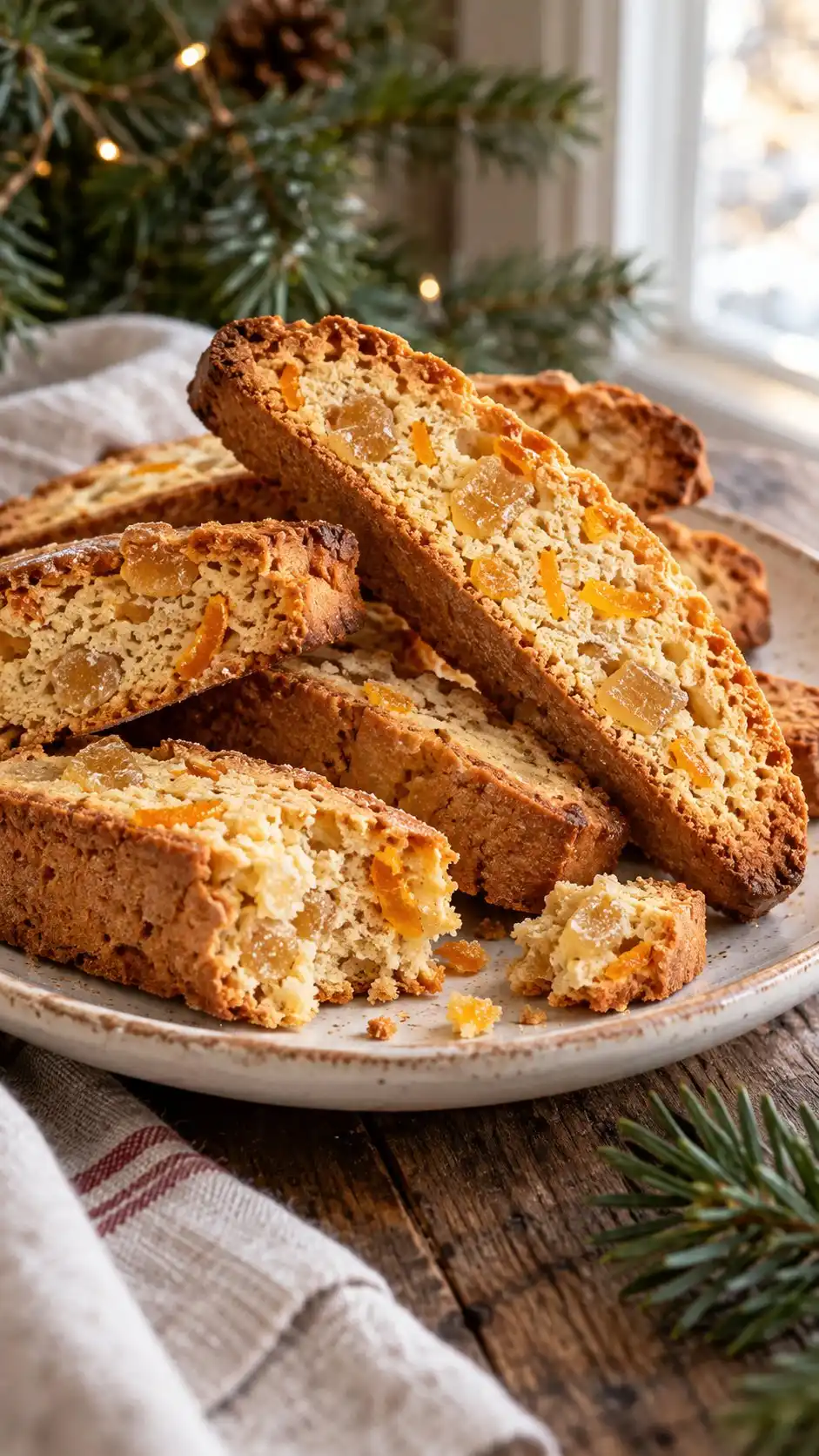 Orange-scented biscotti with warm ground ginger and chewy crystallized ginger pieces.