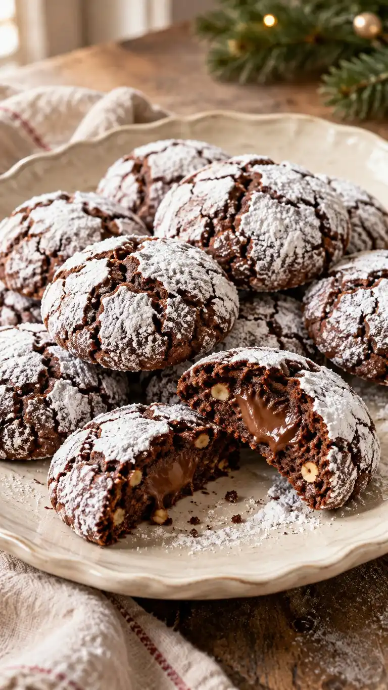 Italian-inspired hazelnut chocolate cookies with wheat flour, a soft baked crumb and a boldly cracked white sugar shell.