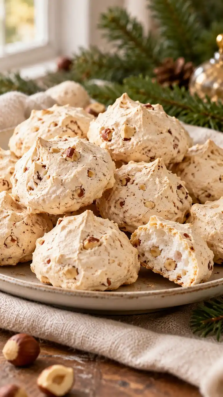 Rounded spoonfuls of crisp hazelnut-speckled meringue, a light Italian-style home variation distinct from dense brutti ma buoni.