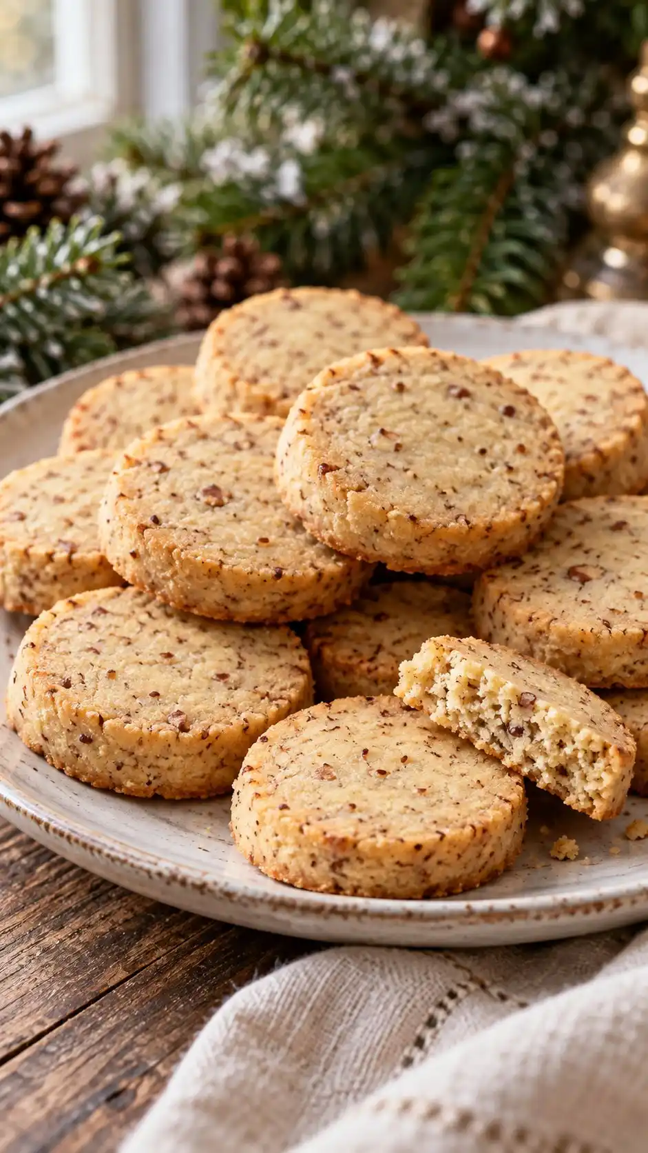 Small egg-free hazelnut shortbread discs sliced from a chilled log, with toasted-nut flavor and an uncoated face.