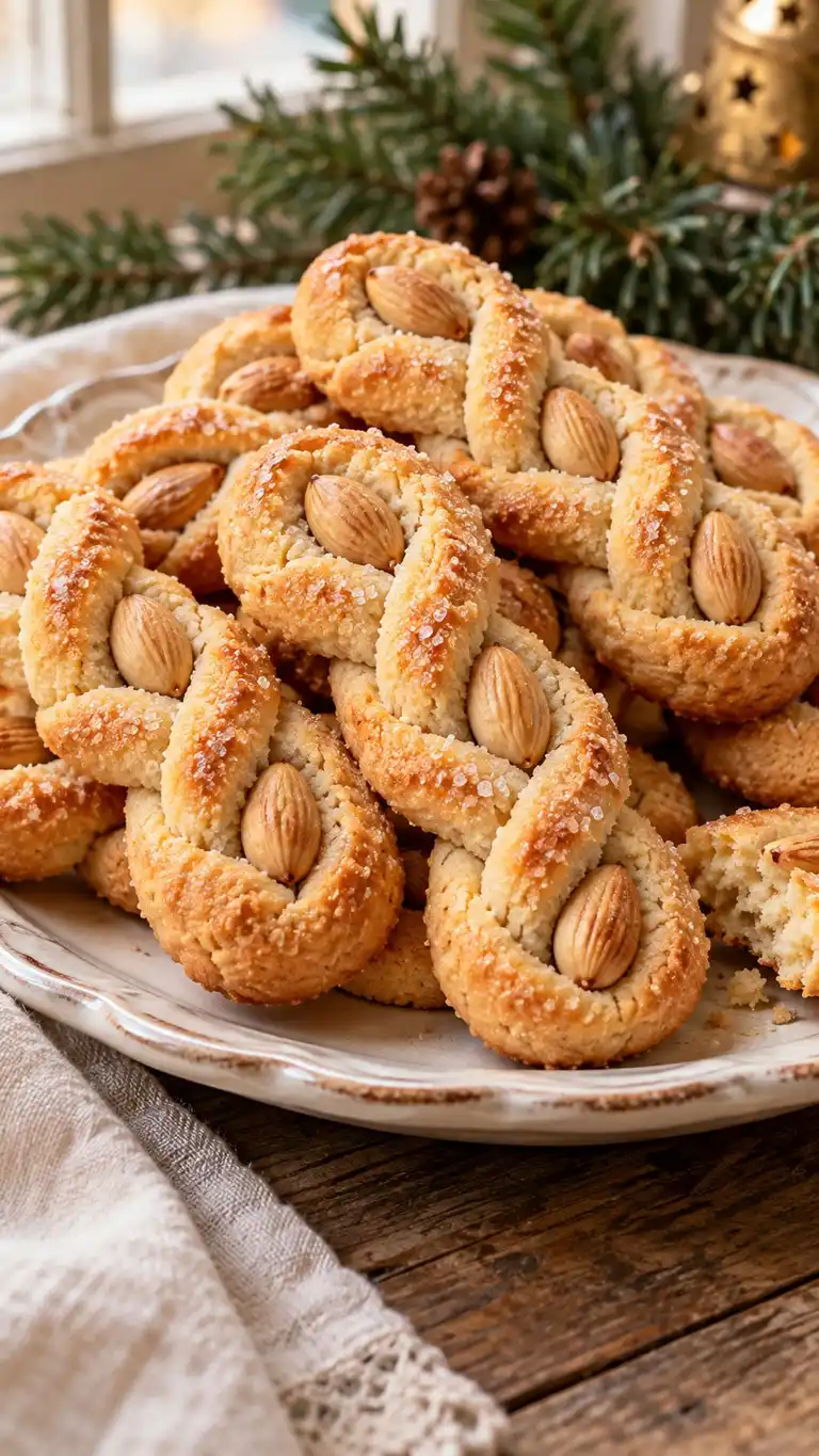 Puglian-style short twisted wine cookies with three blanched almonds nestled in each twist and a sparkling sugar coating.
