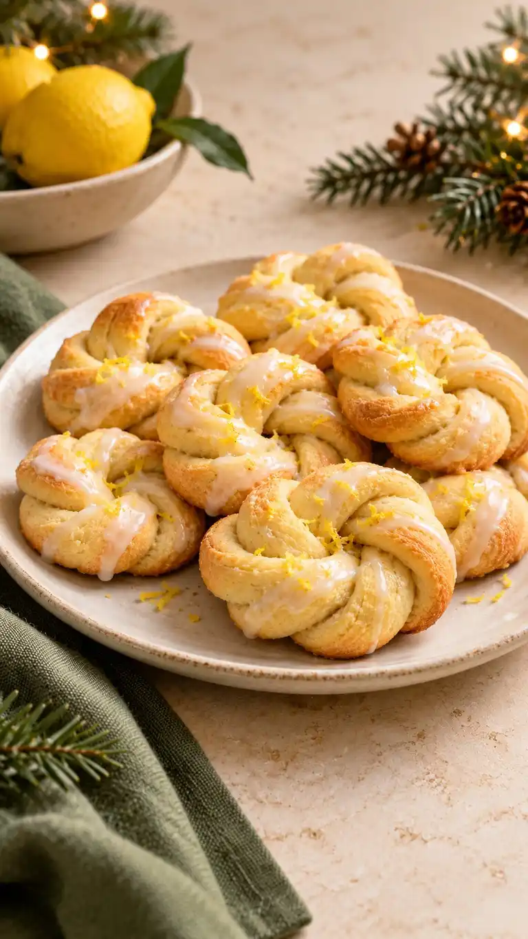 Little lemon-scented dough knots with a bright glaze, lovely on a Christmas tray.