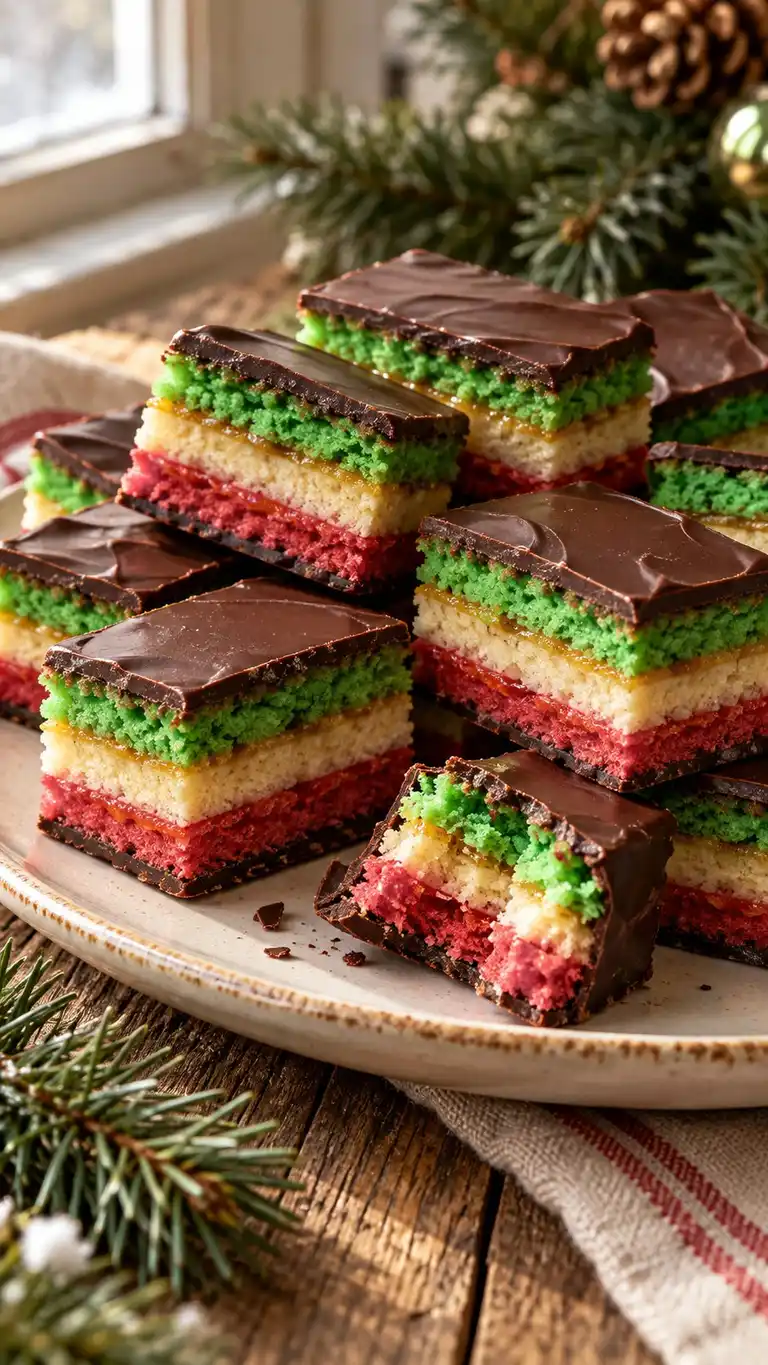 An Italian-American home version of red, ivory and green almond cake cookies, layered with apricot jam and dark chocolate.