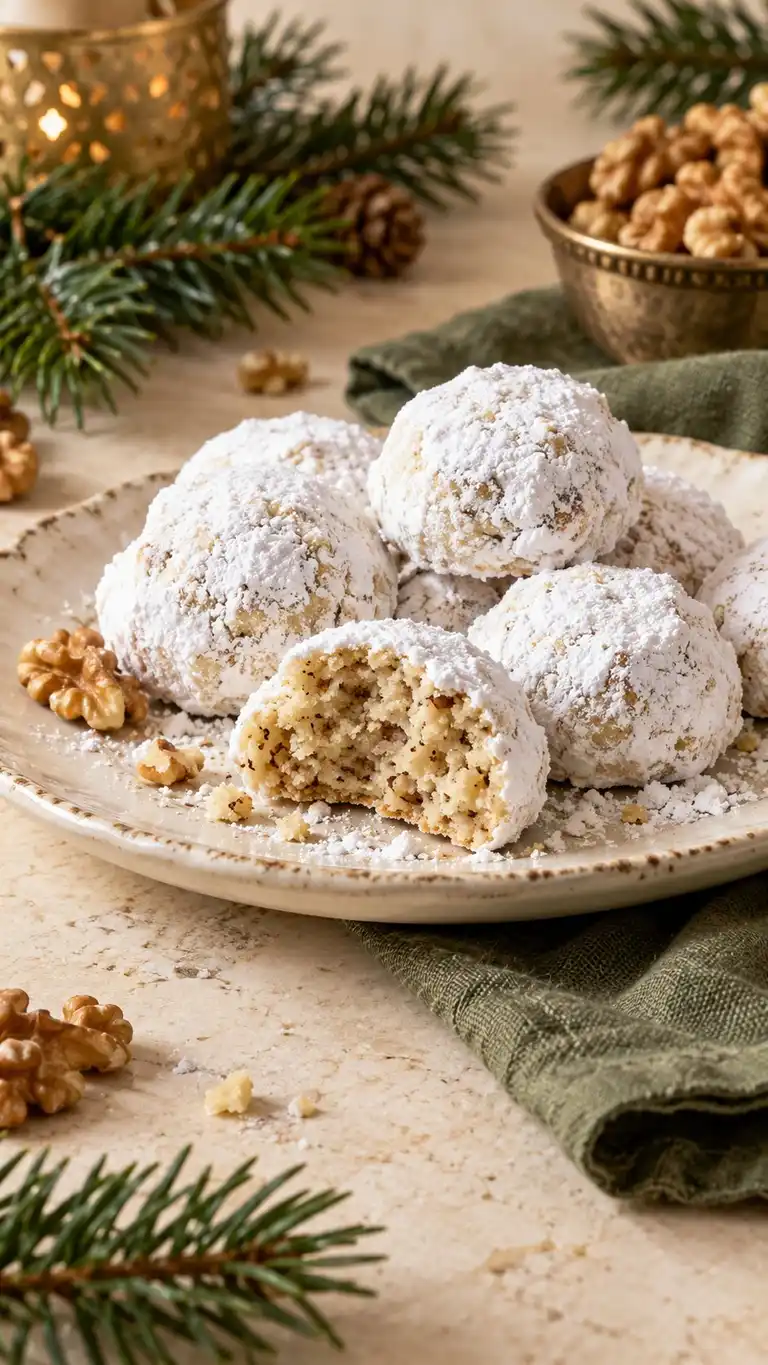 Small walnut butter cookies rolled in powdered sugar for a snowy holiday finish.