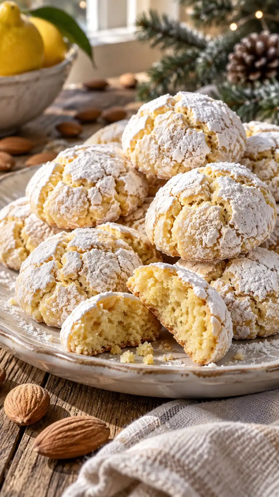A home adaptation of lemon amaretti: small almond domes with fragrant zest, a cracked sugar shell and a chewy center.