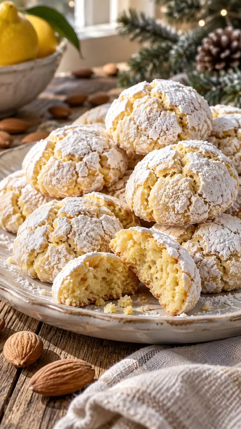 A home adaptation of lemon amaretti: small almond domes with fragrant zest, a cracked sugar shell and a chewy center.