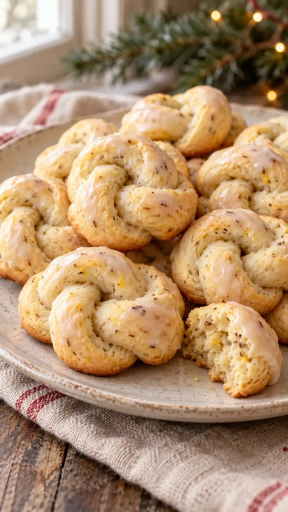 Lemon-zest and crushed-anise dough knots with a thin lemon glaze, an Italian-style home adaptation.