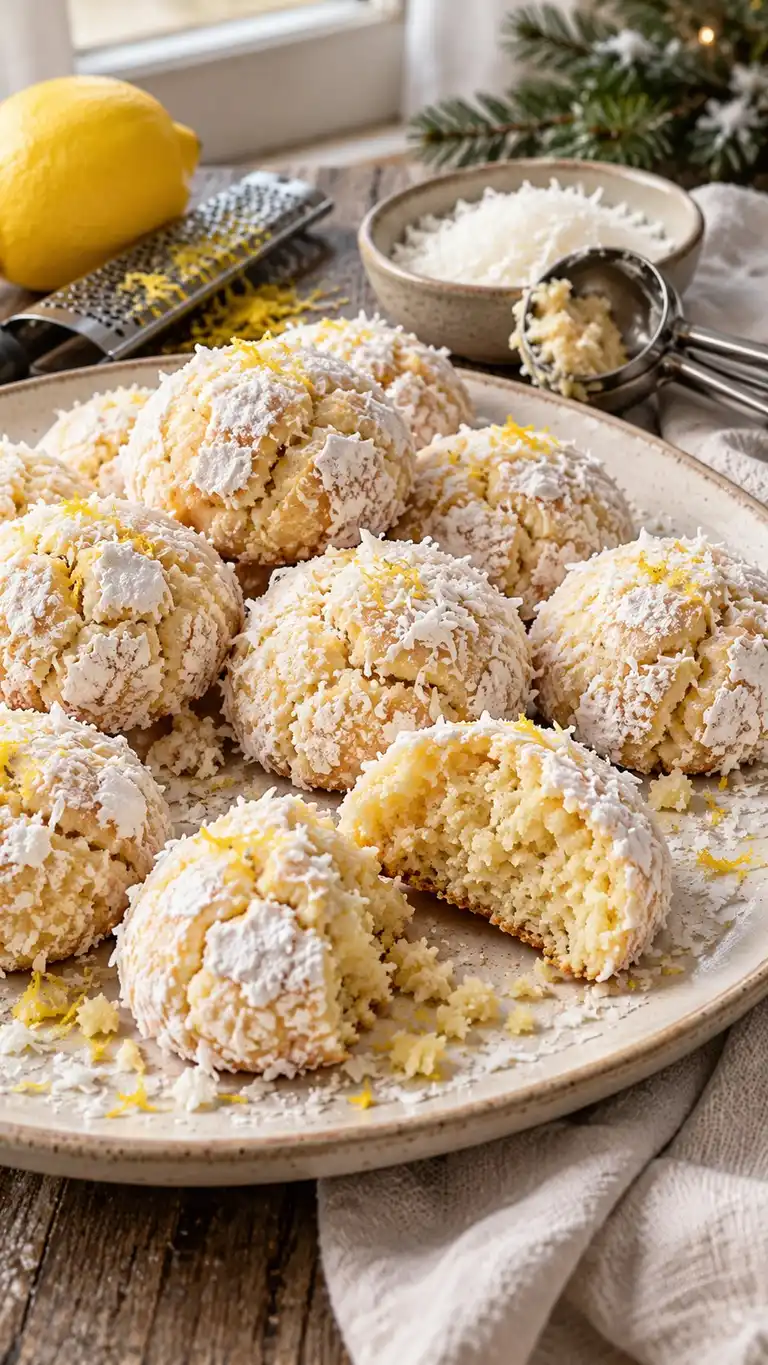 Italian-style lemon almond-paste mounds with fine coconut threads, tender centers and a lightly cracked snowy shell.