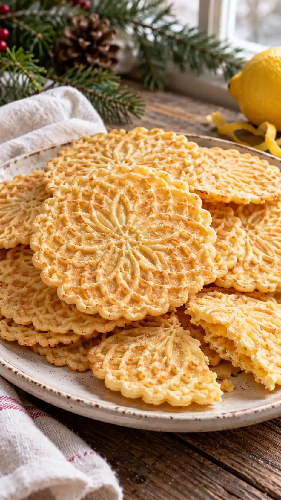 Light lemon-zest wafers cooked in a patterned pizzelle iron, a crisp home interpretation of Abruzzese ferratelle.