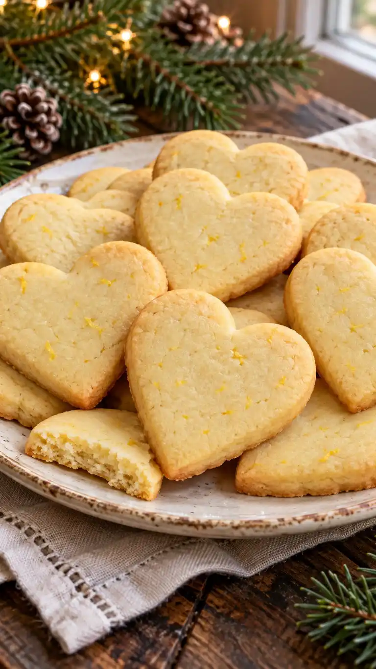 Pale lemon-zest shortbread hearts with clean edges and an uncoated tender surface.