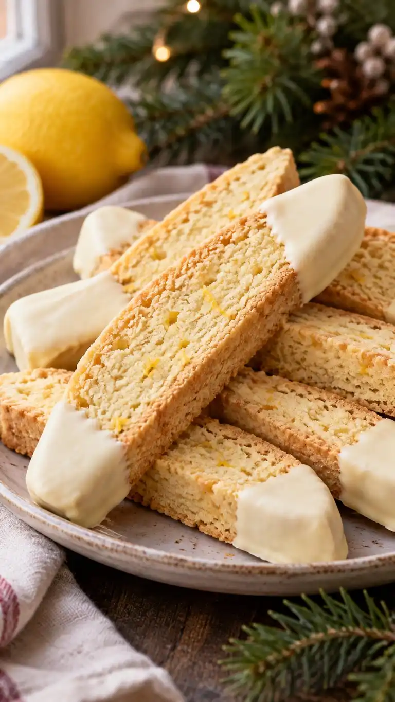 Lemon-zest biscotti with one end coated in a thin layer of white chocolate.