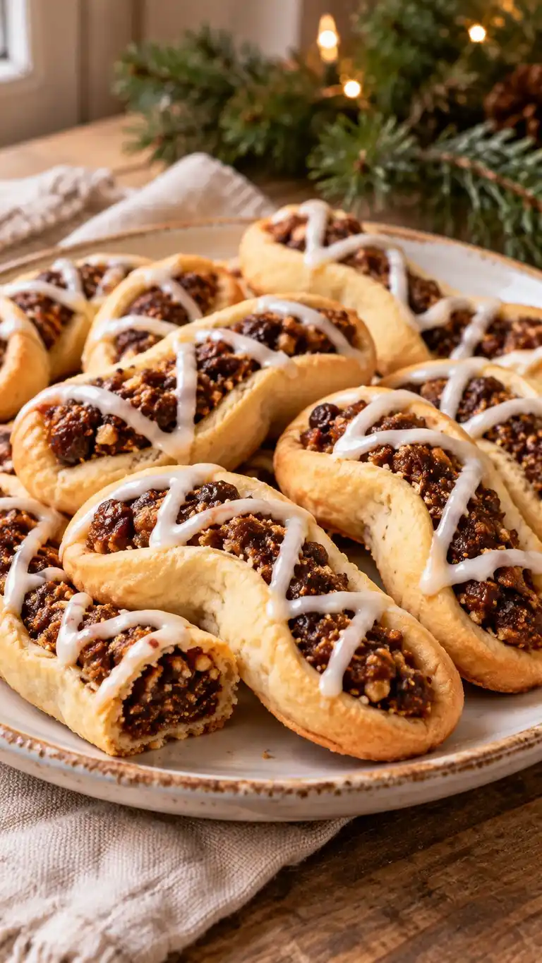Ragusa-style open-topped S-shaped pastries with a fig, walnut and almond filling and a fine white icing zigzag.