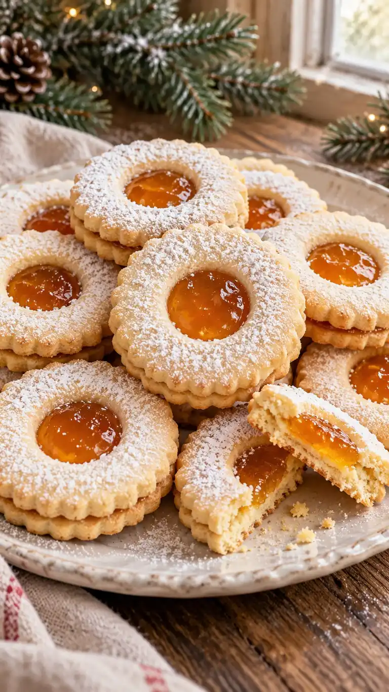 Tender shortcrust sandwiches with snowy ring tops and a bright apricot-jam window.