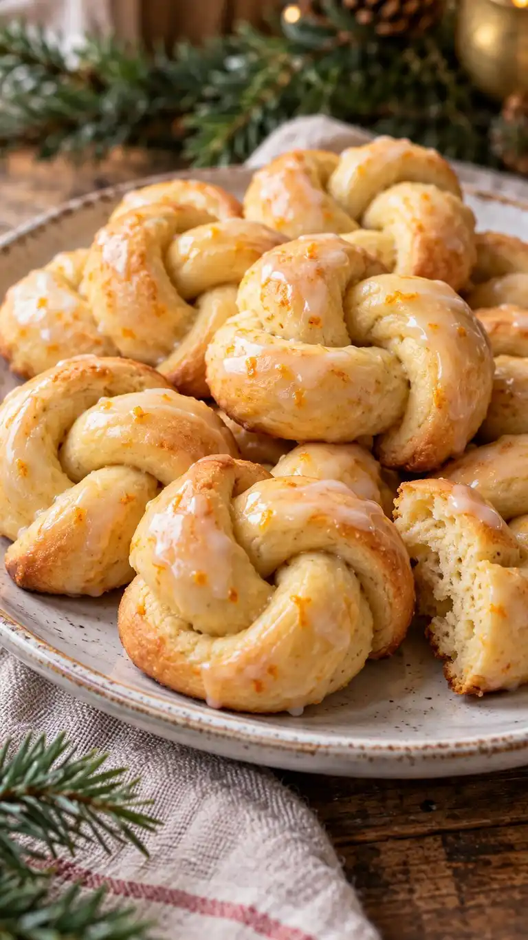 Golden orange-zest dough knots sweetened partly with honey and finished with a thin orange-honey glaze; an Italian-style home adaptation.