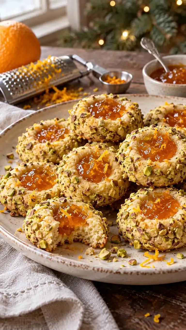 Italian-style pistachio butter cookies with orange zest and shallow wells of glossy orange marmalade.