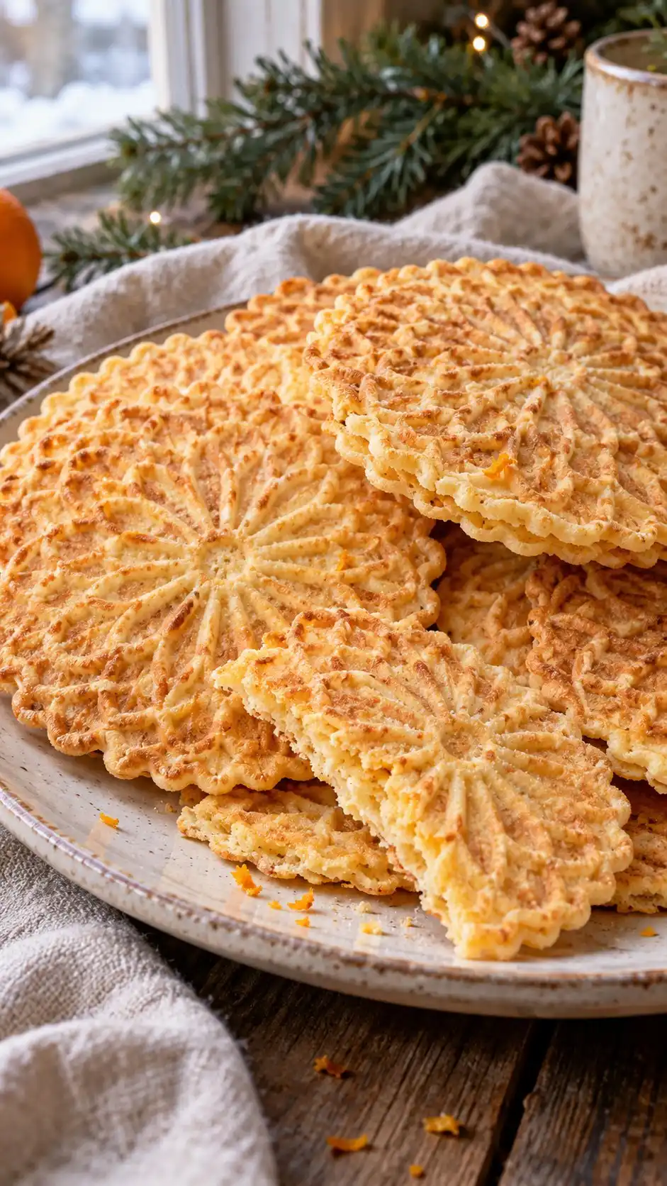 Crisp golden patterned wafers scented with orange zest, a home variation on Abruzzese ferratelle.