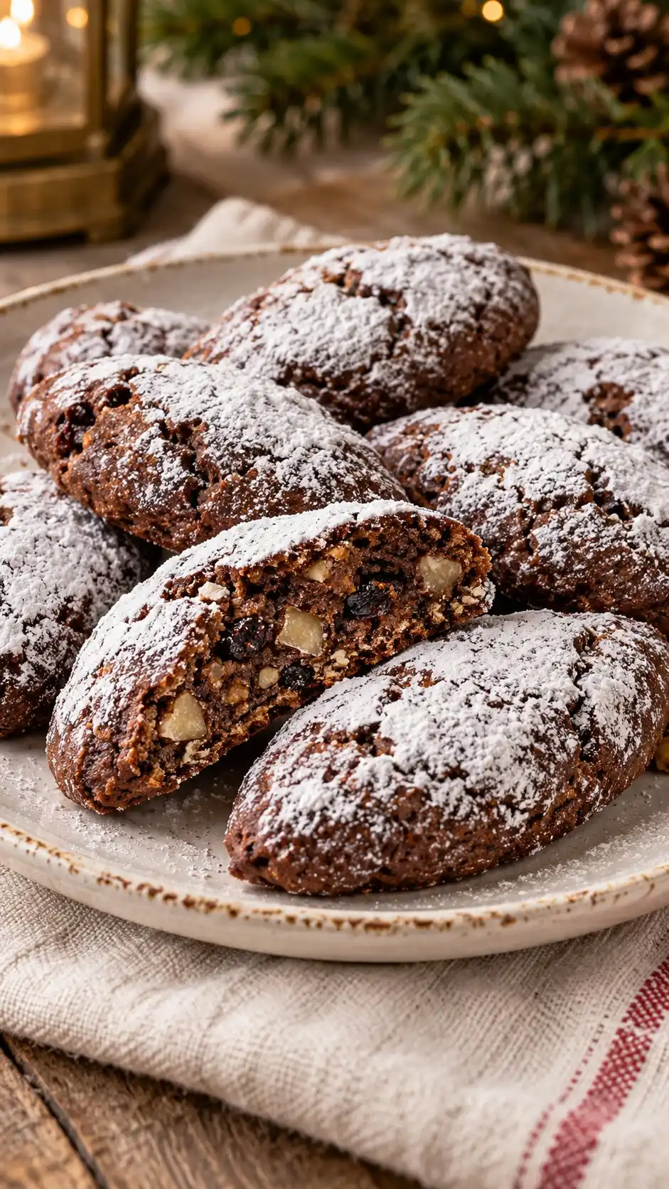 Flattened Milanese-style cocoa loaves made with plain biscuit crumbs, figs, raisins and almonds, finished with powdered sugar.