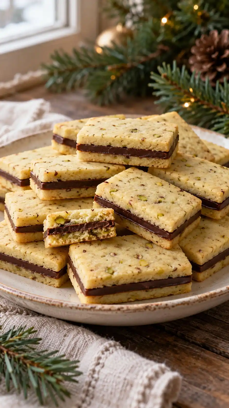 Small rectangular pistachio shortbread sandwiches with a thin solid dark-chocolate center, an Italian-style home adaptation.