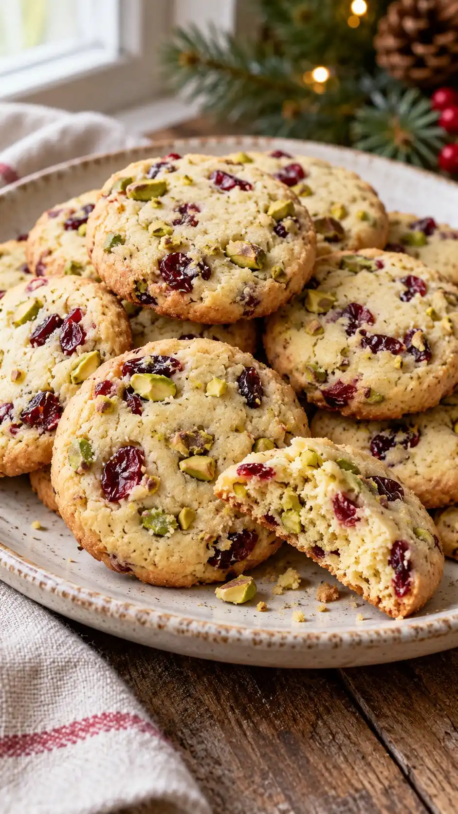 Festive slice-and-bake butter rounds studded with green pistachios and red dried cranberries, an original home variation.
