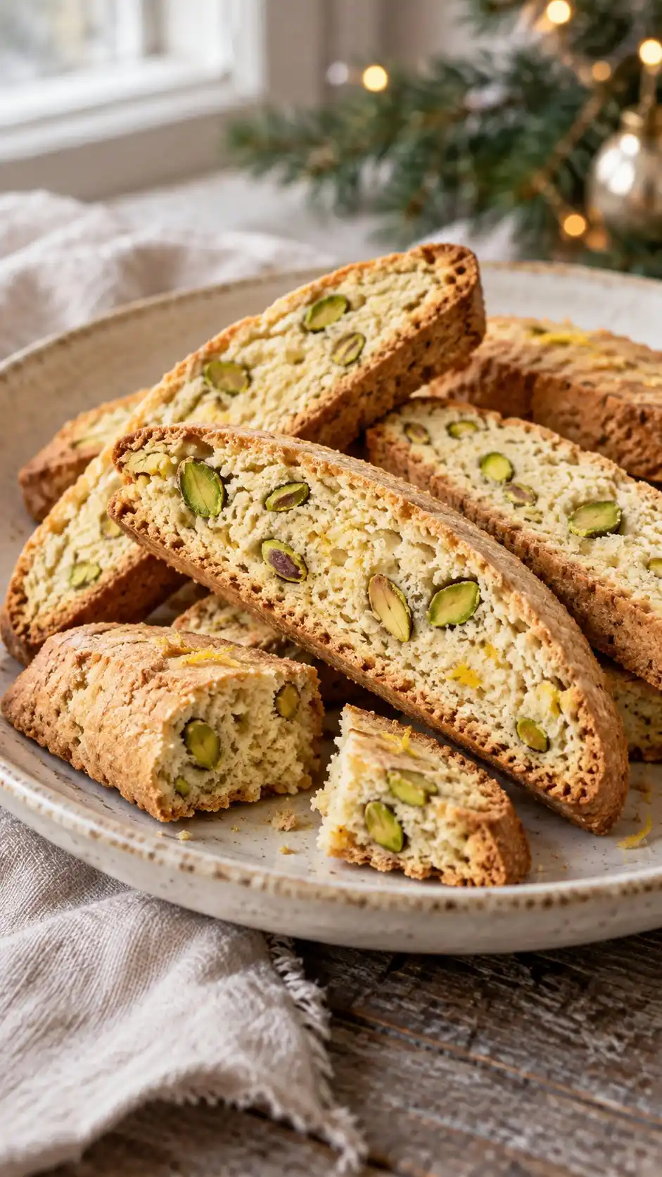 Pale golden twice-baked slices with green pistachio cross-sections and lemon zest, an Italian-style home variation.