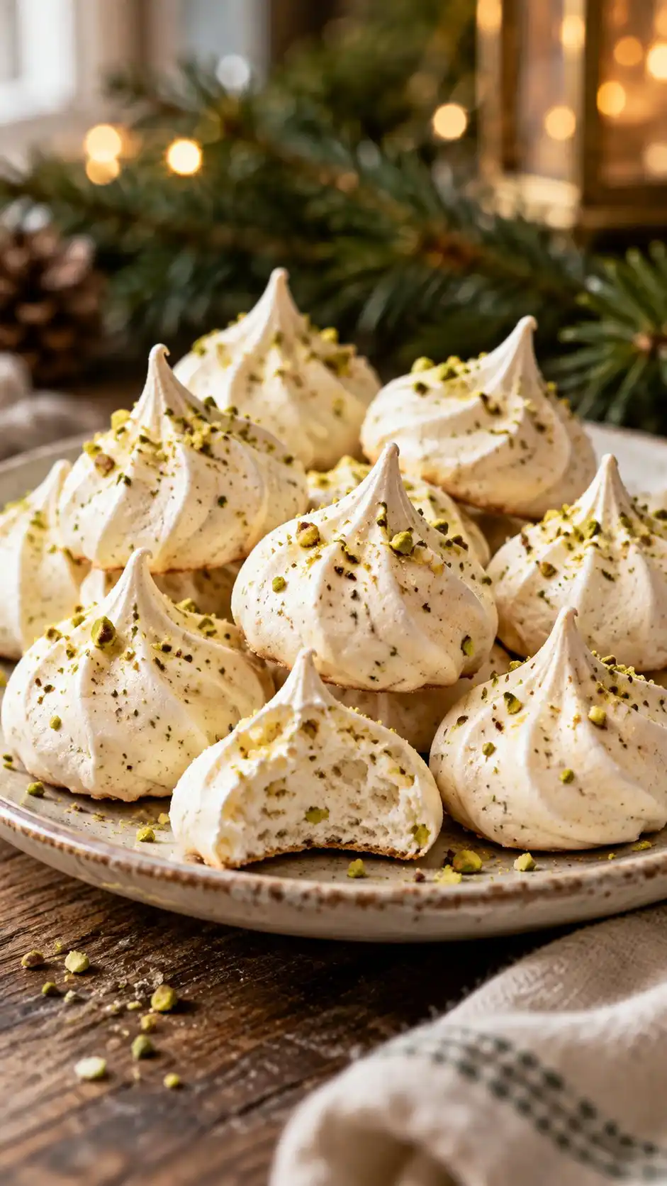 Ivory pointed meringue kisses with fine pistachio flecks and a light nut sprinkle, an Italian-style home adaptation.
