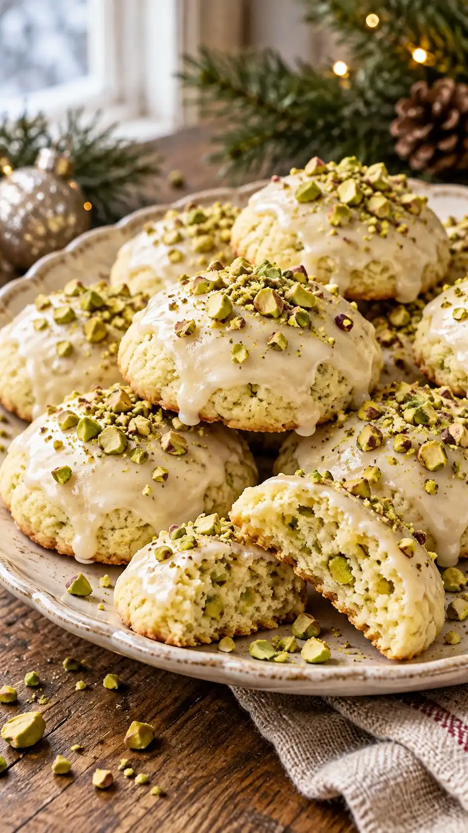 Soft ricotta domes with ground pistachios, a thin milk glaze and chopped nut tops; an Italian-inspired home adaptation.