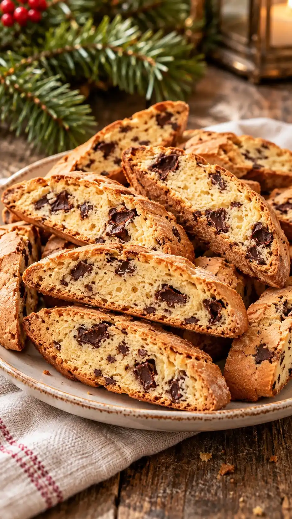 Twice-baked Italian-style vanilla cantucci with dark chocolate pieces in a pale crumb, without cocoa, nuts or dipping chocolate.