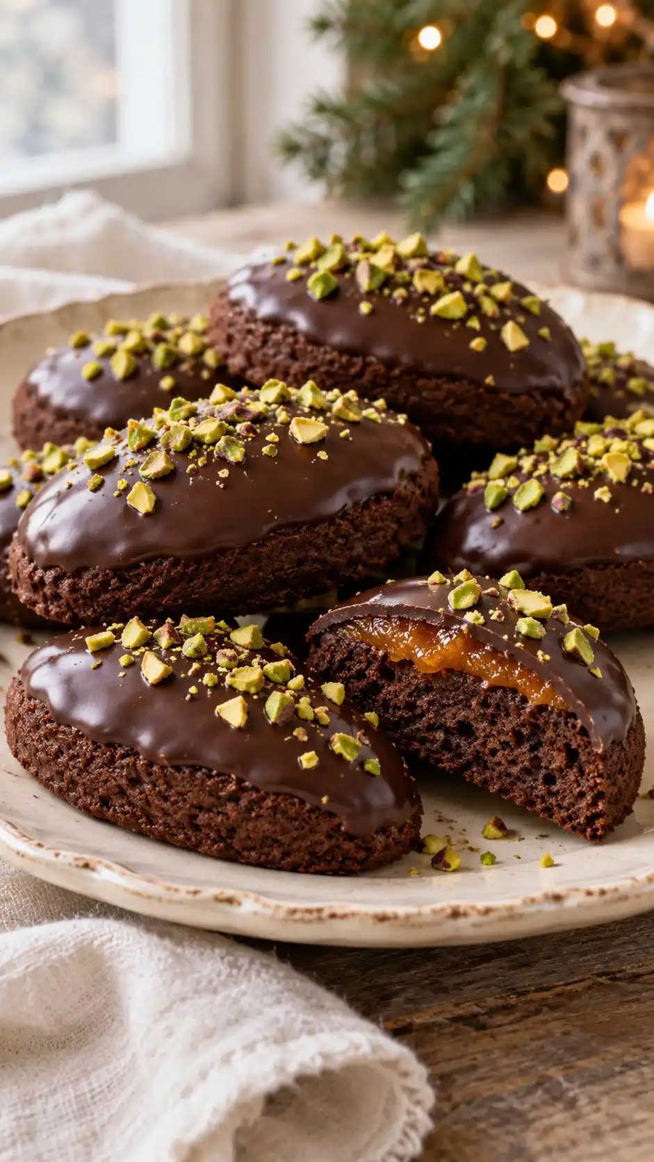 Soft Catania-style cocoa ovals with a thin orange-marmalade layer, dark chocolate tops and chopped pistachios, traditionally associated with the autumn commemorations of the dead.