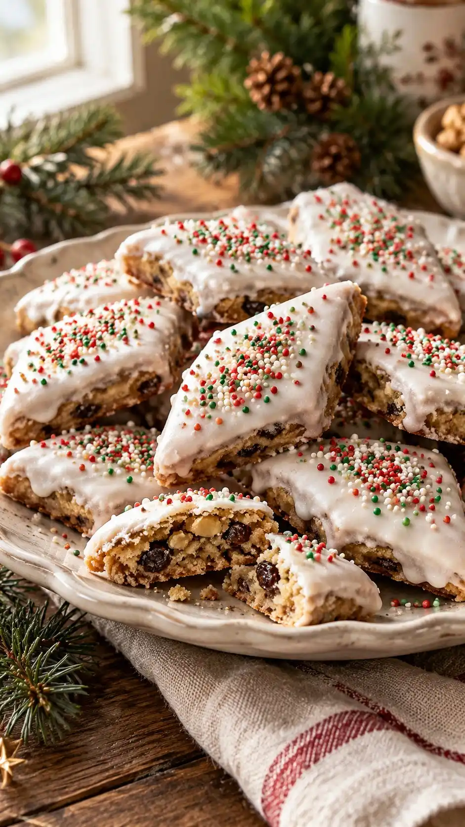 Sardinian-style raisin and almond diamonds with a white sugar cap and colorful sprinkles, using a simple egg-free glaze.