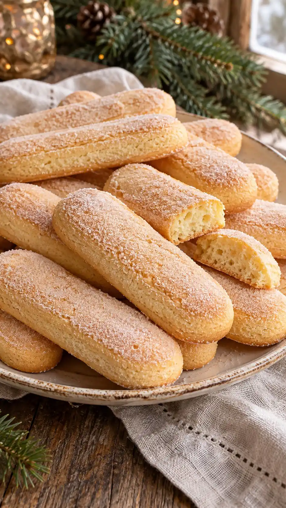 Light piped sponge fingers with a fine dry sugar crust, made with separately whipped yolks and whites.