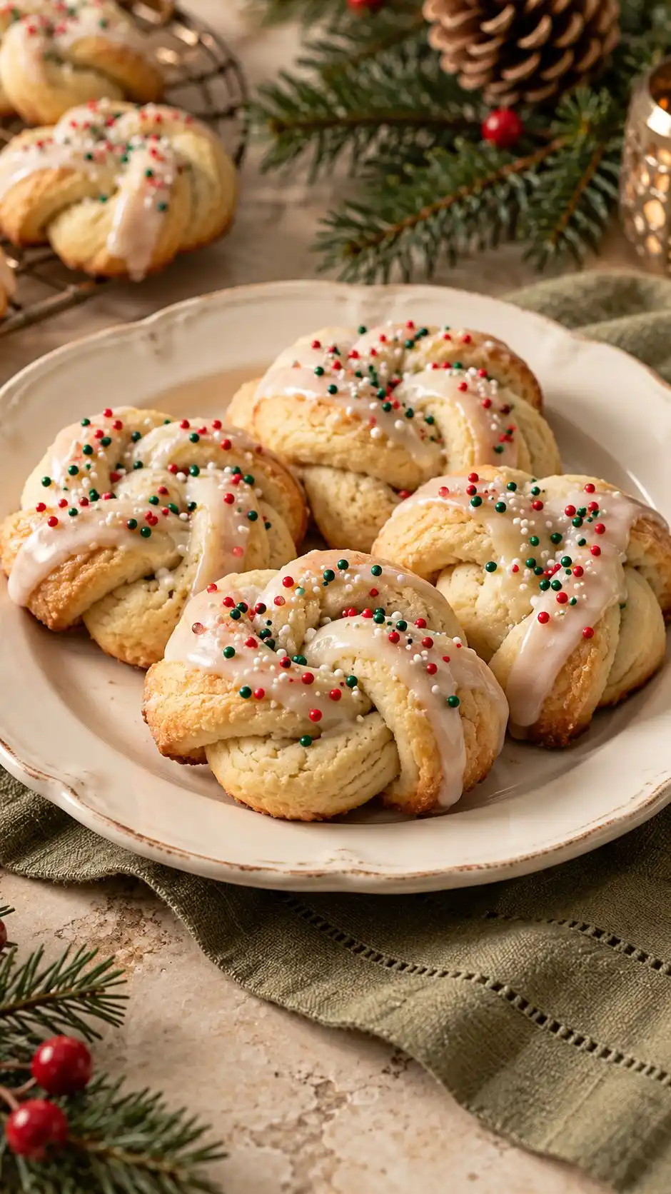 Tender vanilla dough knots with a thin glaze and festive sprinkles.