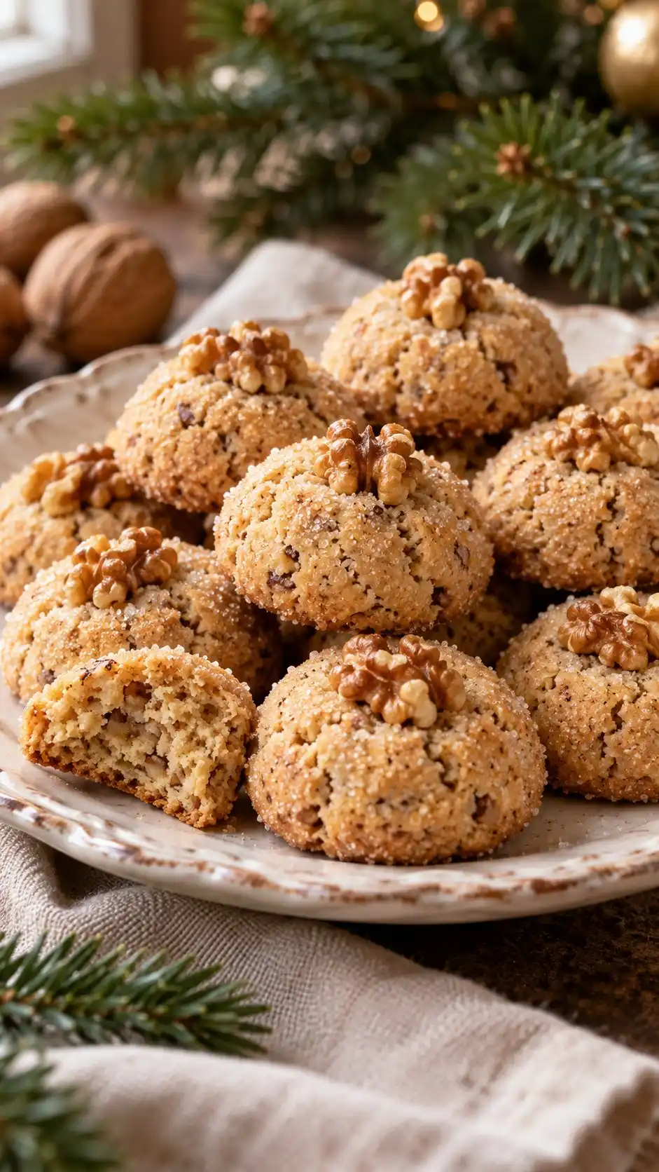 Chewy walnut-and-almond domes with a sparkling sugar surface and a small walnut piece on each, an amaretti-style home variation.