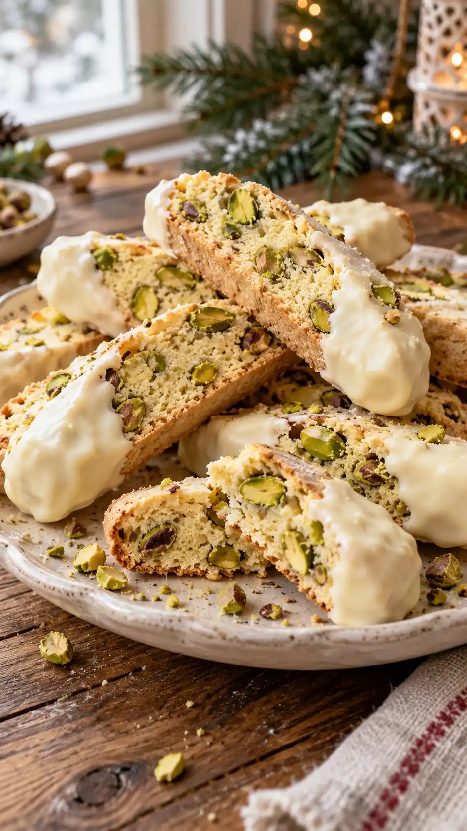 Crisp pistachio biscotti finished with narrow ribbons of white chocolate.