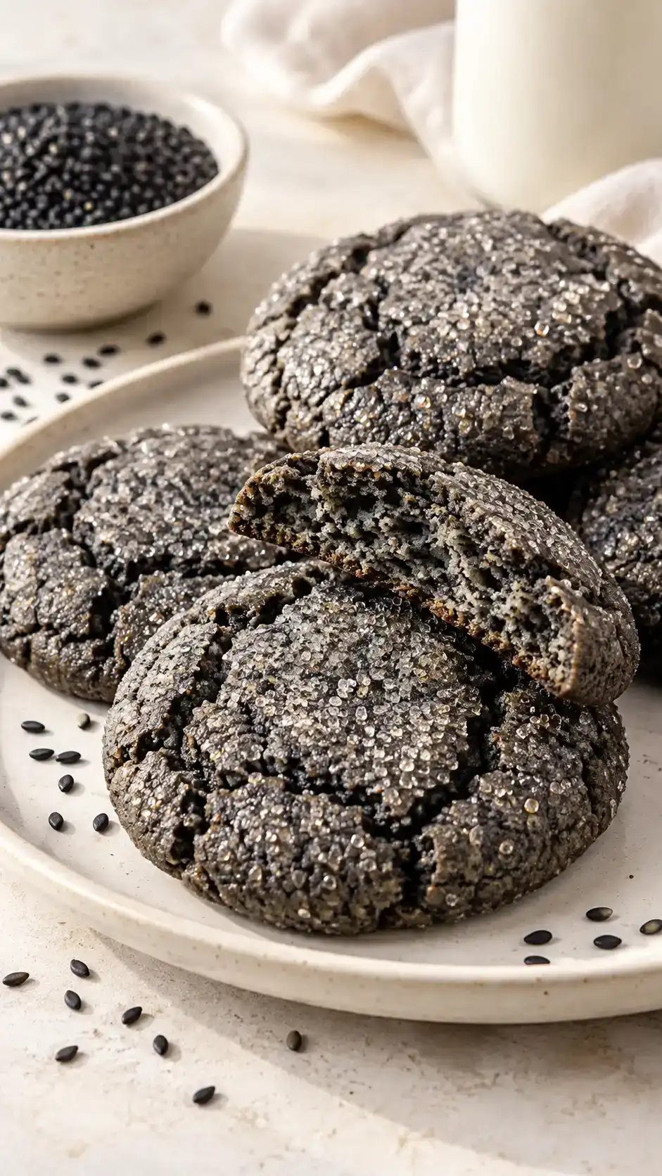 Naturally charcoal-gray black sesame sugar cookies with a sparkling coating and chewy nutty centers.