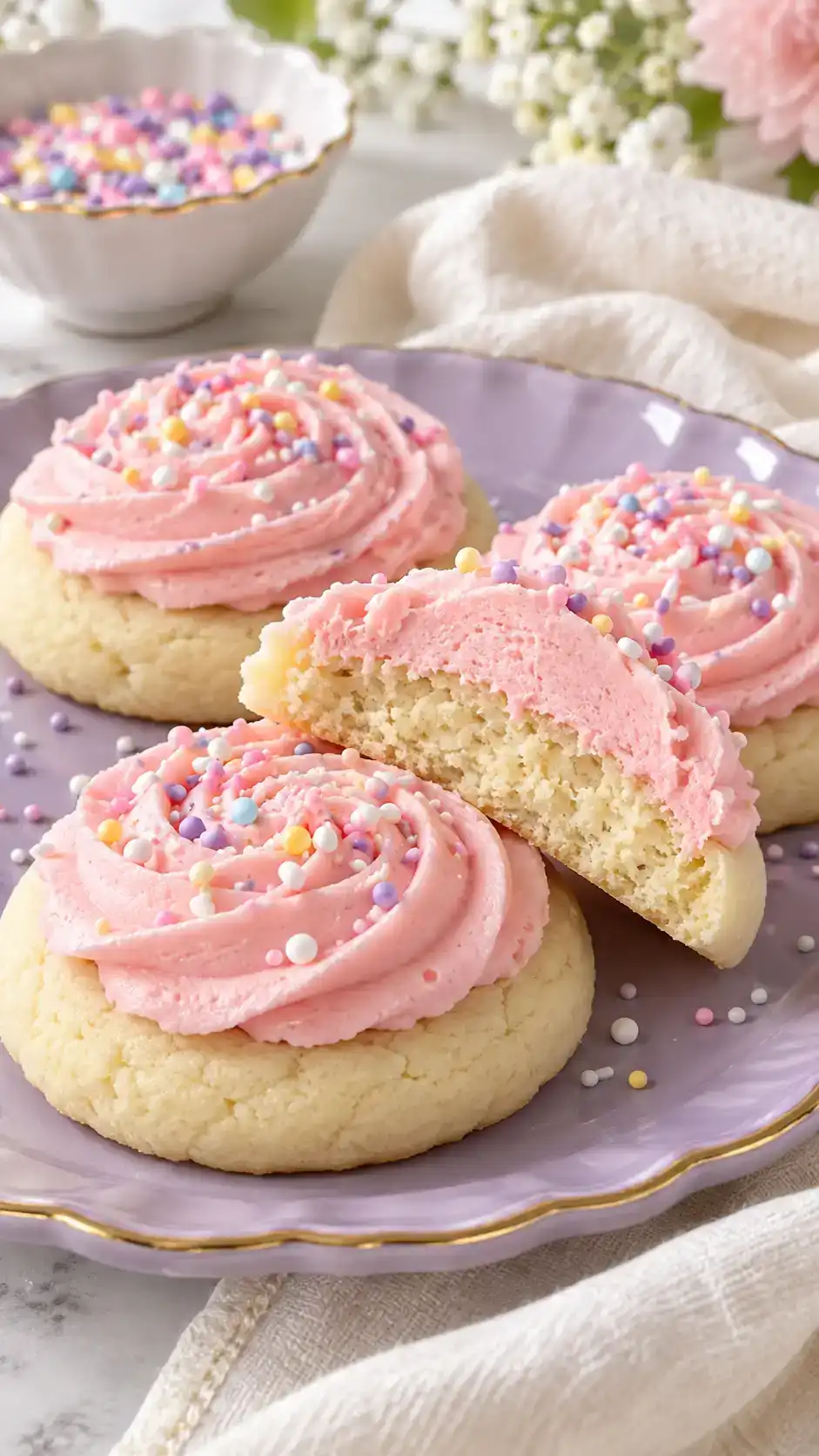 Puffy sour-cream sugar cookies with a soft cake-like crumb and a generous swirl of vanilla buttercream.