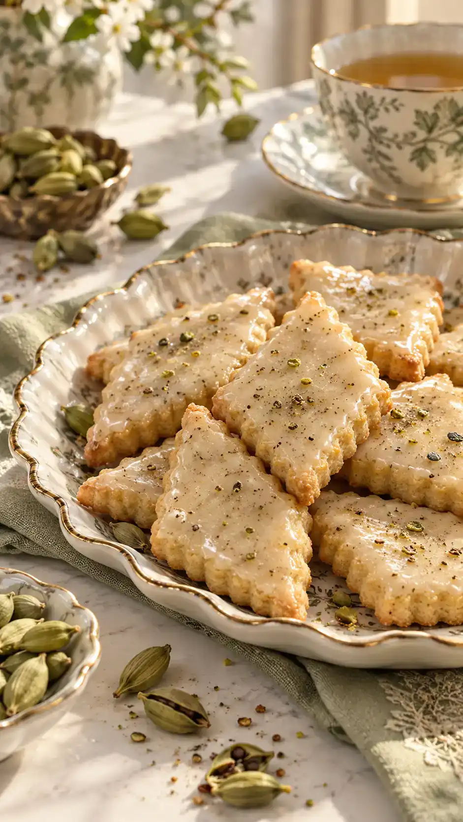Fragrant cardamom cut-out sugar cookies with a thin translucent vanilla-free milk glaze.
