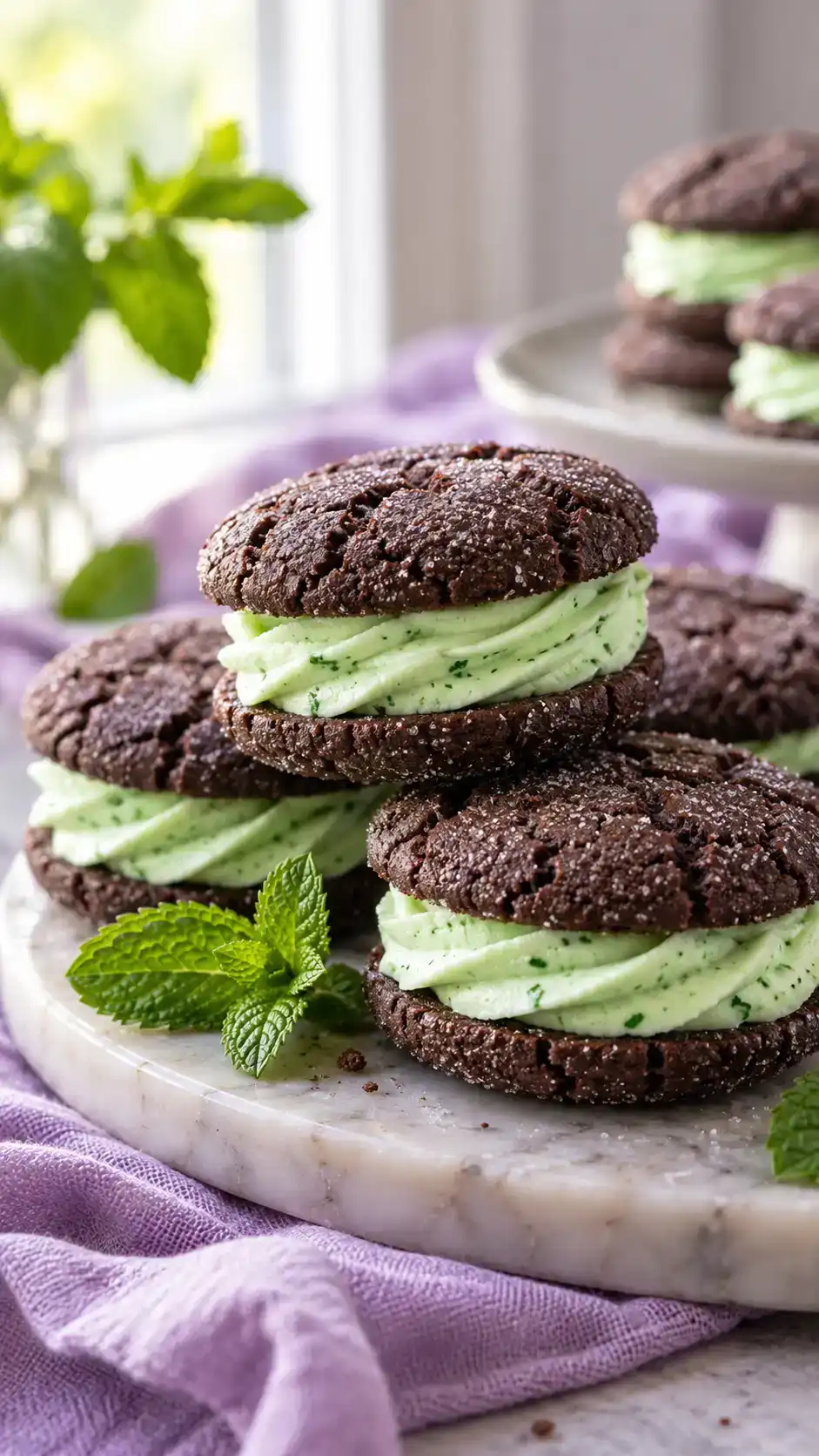 Dark cocoa sugar-cookie sandwiches with a pale mint buttercream layer.