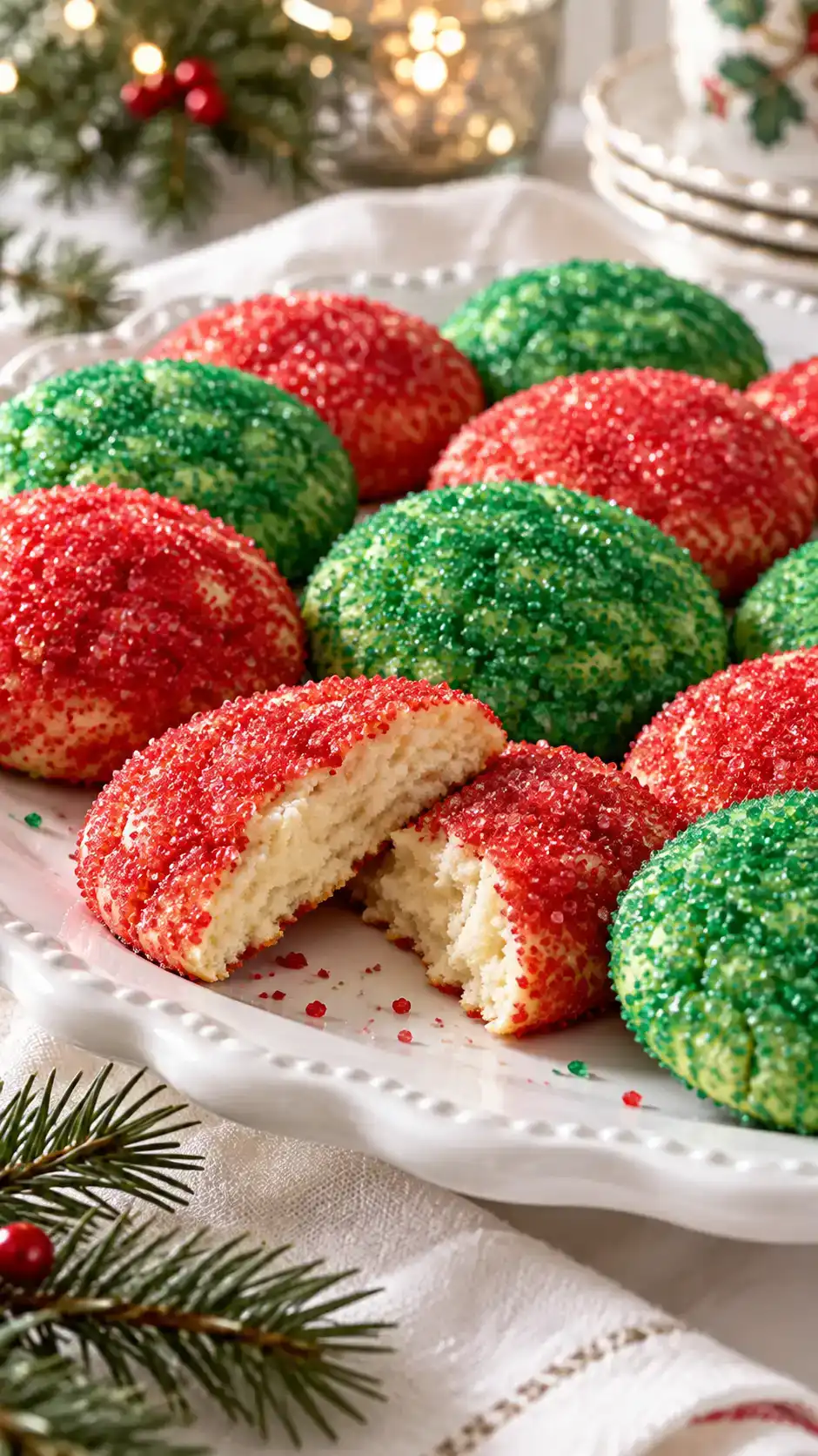 Soft Christmas sugar cookies with a sparkling red-and-green sugar coating and a creamy vanilla center.