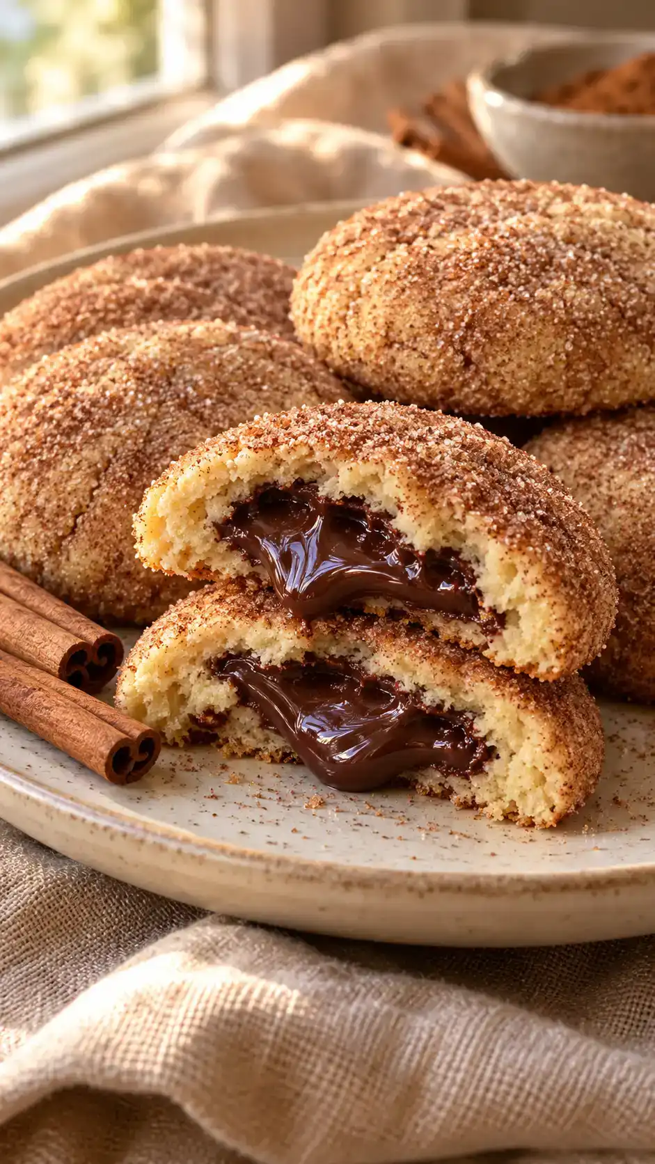 Large cinnamon-sugar cookies with tender vanilla dough and a hidden soft chocolate-ganache center.