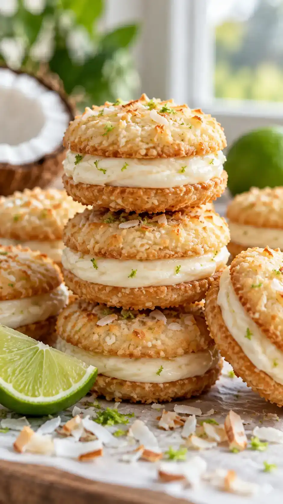 Chewy coconut-lime sugar cookies matched around a tangy lime buttercream filling.