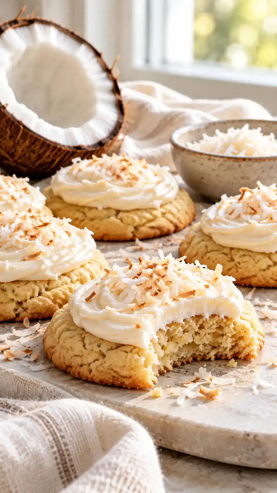 Chewy coconut-oil sugar cookies with lightly crisp rims and a vanilla buttercream finish.