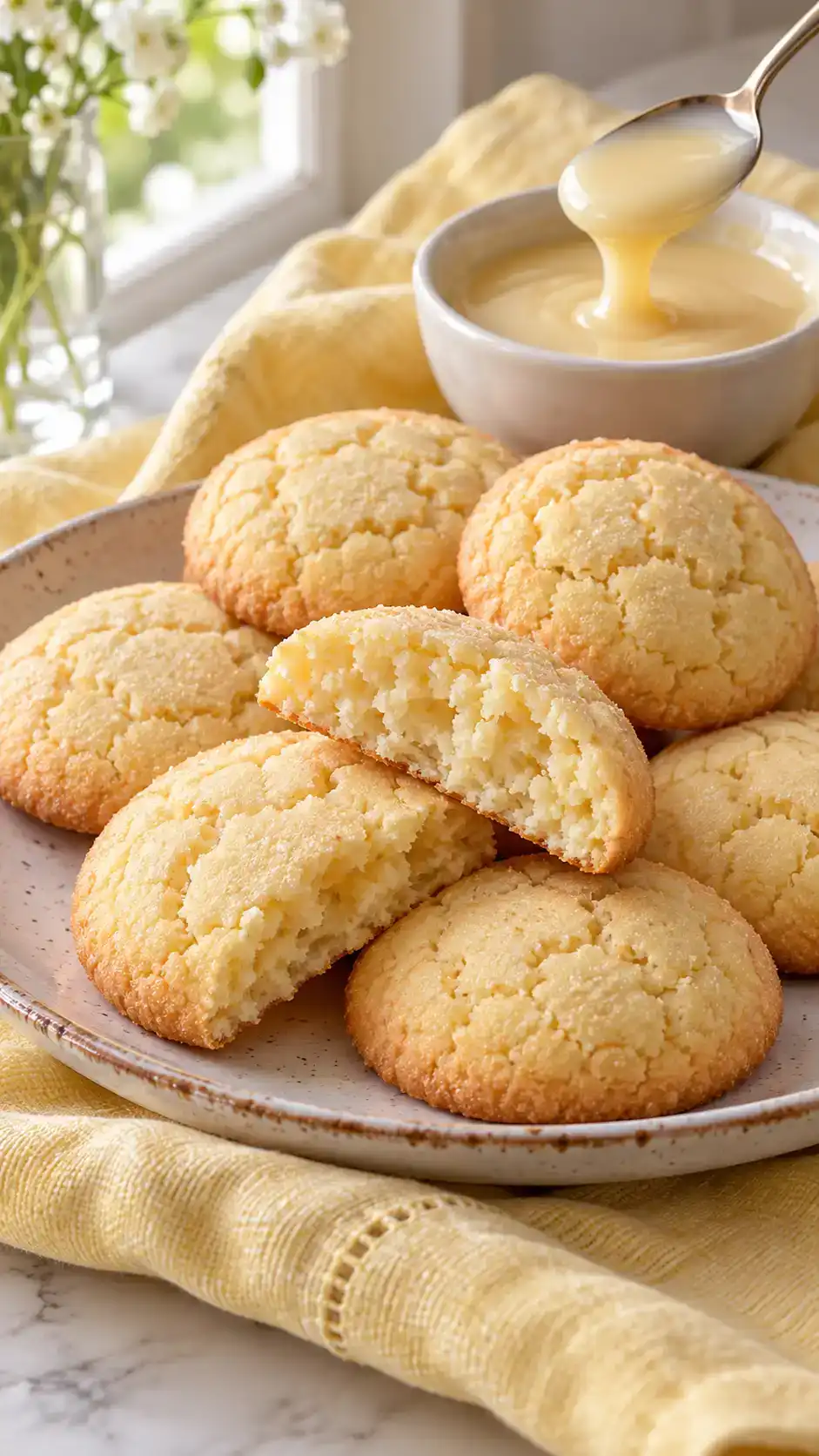 Eggless condensed-milk sugar cookies with pale golden edges and a delicate milky crumb.