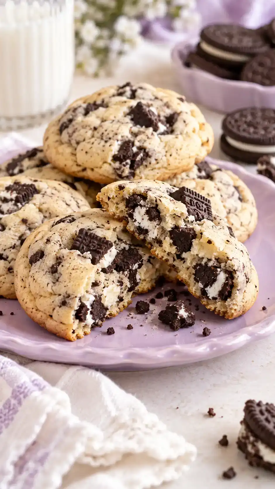 Soft cookies-and-cream sugar cookies with recognizable chocolate-sandwich-cookie pieces and creamy white chocolate chips.