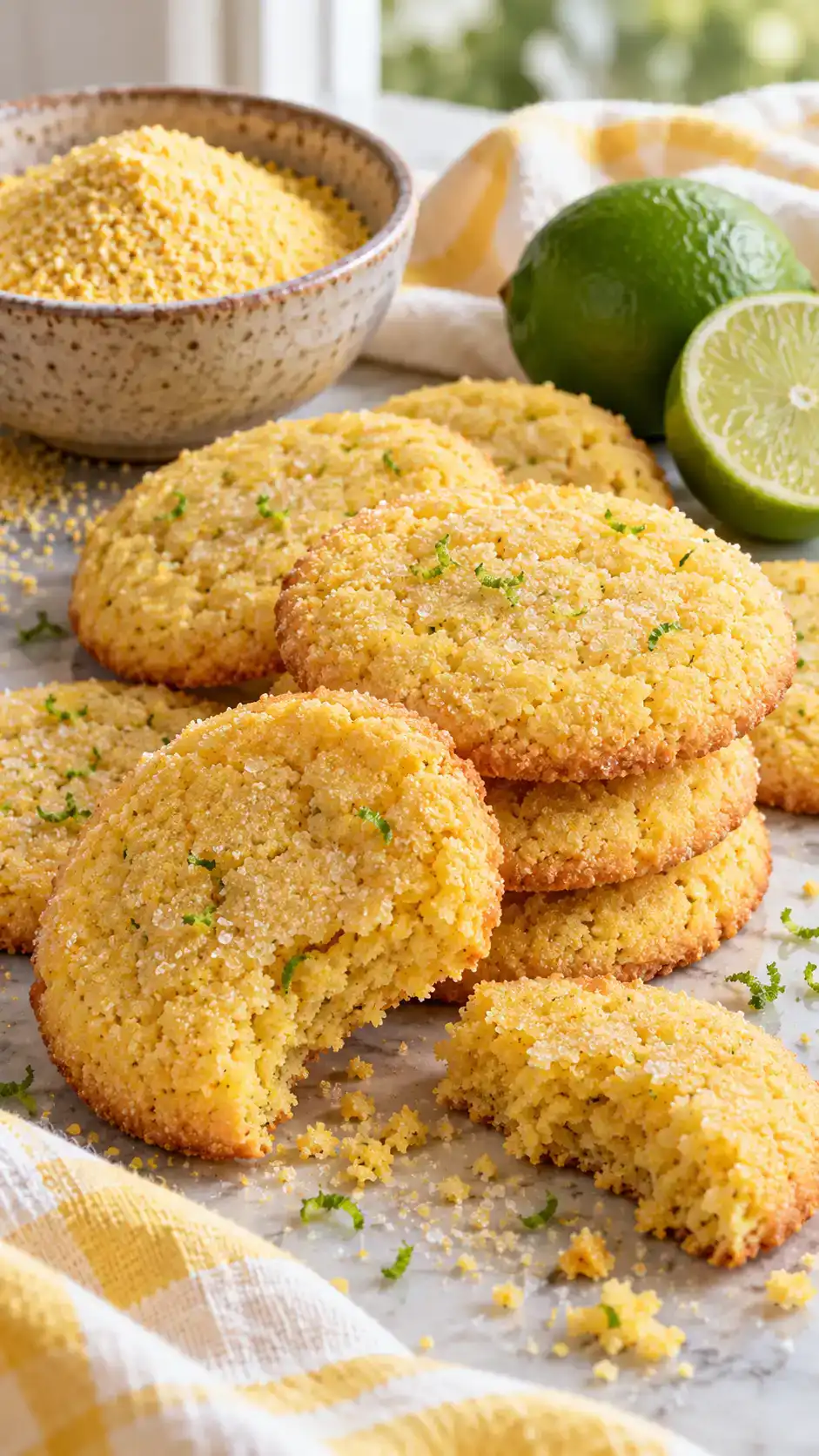 Golden cornmeal sugar cookies with a delicate grain crunch and fresh lime zest.