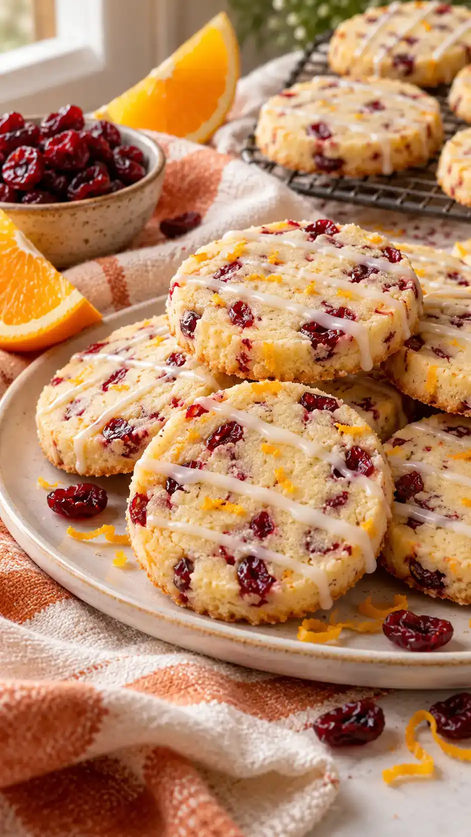 Slice-and-bake sugar cookies flecked with red dried cranberries and orange zest, finished with a light citrus drizzle.